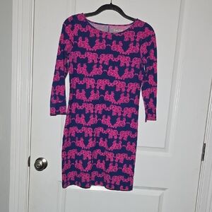 Lilly Pulitzer Navy and Hot Pink Elephant Print Dress 100% Pima Cotton Size XS